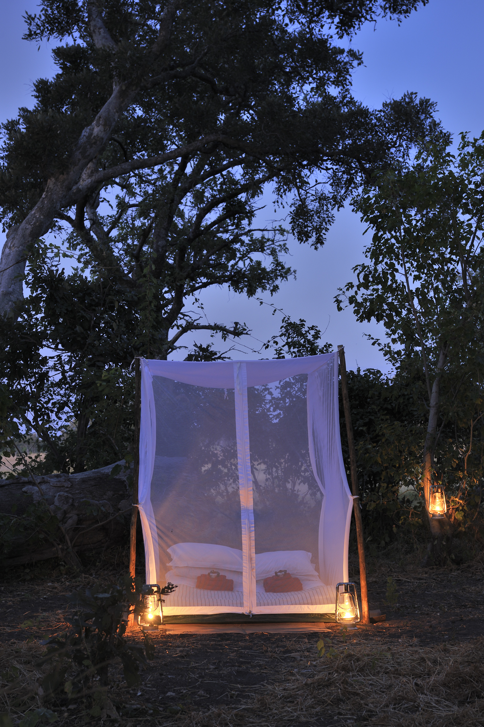 Fly camping under the stars with a bed draped in mosquito netting and surrounded by lanterns.