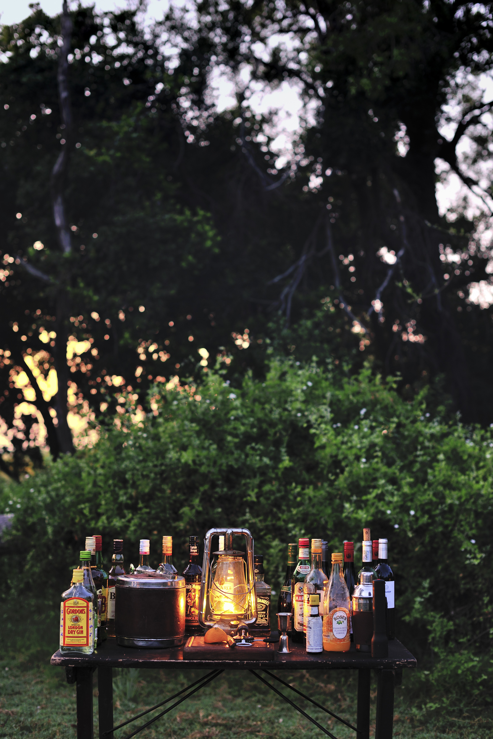 An inviting outdoor bar featuring an array of spirits and glowing lanterns at twilight.